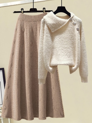 【二点セット】シンプル 不規則 長袖 セーター+無地 Aライン スカート ワンピースセット