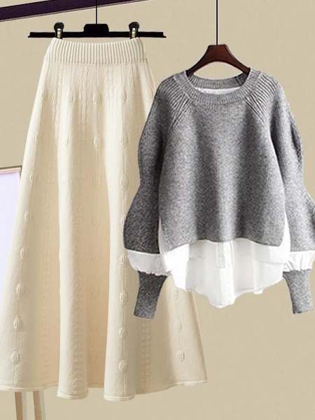 グレー/セーター＋ホワイト/スカート