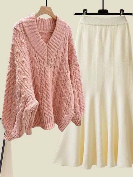 ピンク/ニット.セーター+アイボリー/スカート