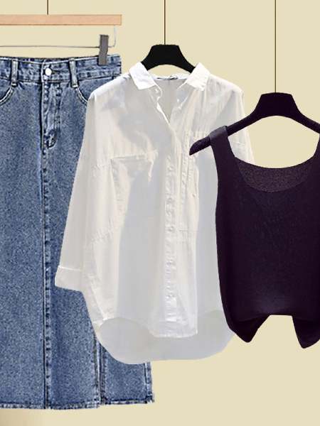 ブラック/キャミソール+ホワイト/シャツ+ブルー/スカート