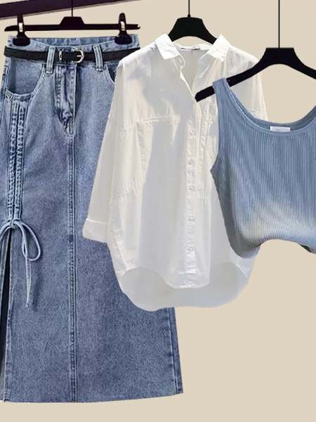 ホワイト/シャツ+ブルー/タンクトップ+スカート