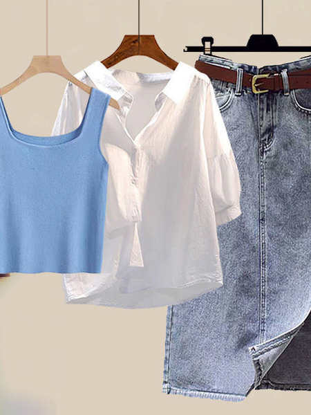 ホワイト/シャツ+ブルー/タンクトップ+ブルー/スカート