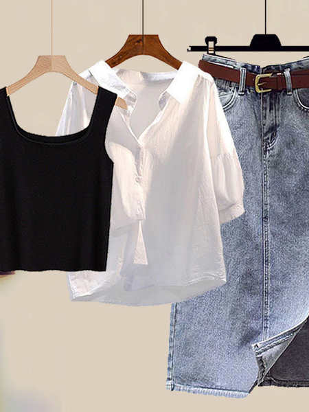 ホワイト/シャツ+ブラック/タンクトップ+ブルー/スカート