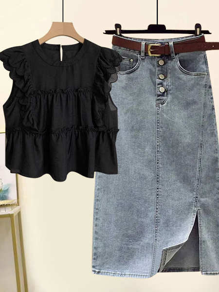 ブラック/シャツ+ブルー/スカート