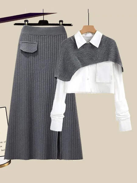 グレー/ショール+ホワイト/シャツ+グレー/スカート
