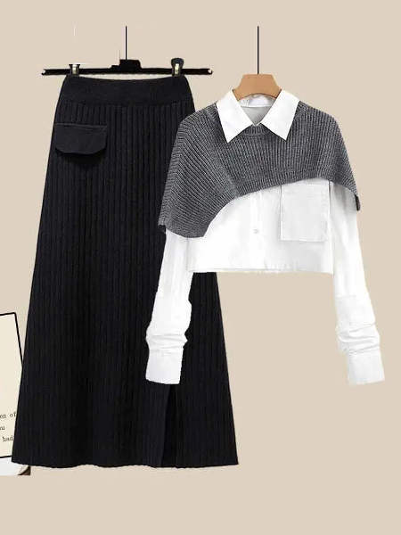 グレー/ショール+ホワイト/シャツ+ブラック/スカート