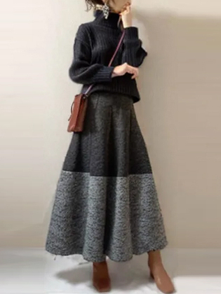 【二点セット】 長袖 シンプル  ハイネック セーター+配色 Aライン スカートセット