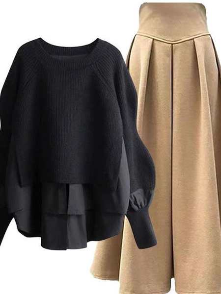 ブラック/セーター+ベージュ/スカート