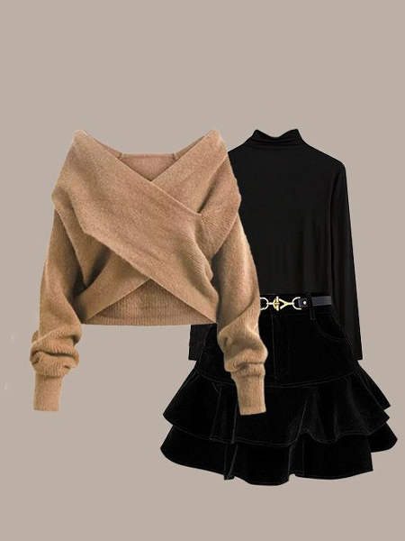 キャメル/ニット.セーター+ブラック/カットソー+ブラック/スカート