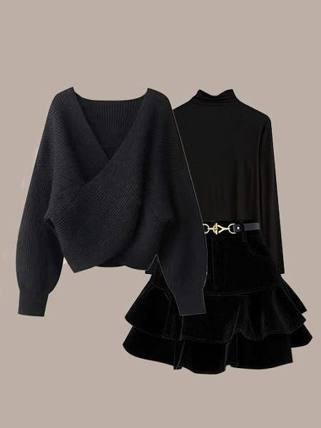 ブラック/ニット.セーター+ブラック/カットソー+ブラック/スカート