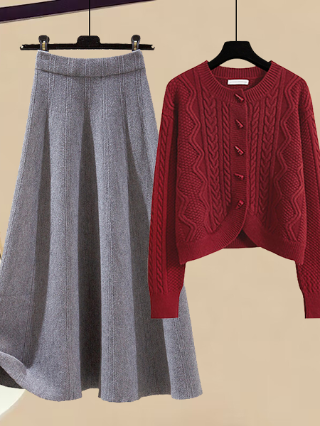 レッド/ニット.セーター+グレー/スカート