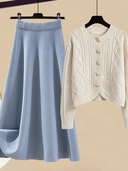アイボリー/ニット.セーター+ブルー/スカート