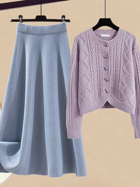 パープル/ニット.セーター+ブルー/スカート
