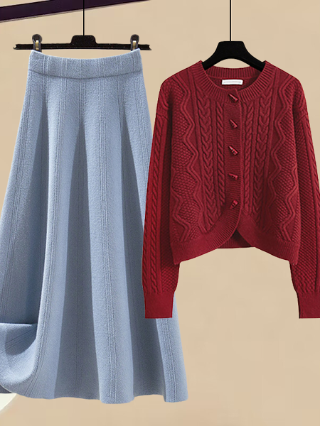 レッド/ニット.セーター+ブルー/スカート