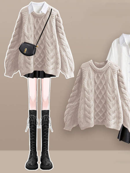 ホワイト/シャツ+アプリコット/セーター+ブラック/スカート