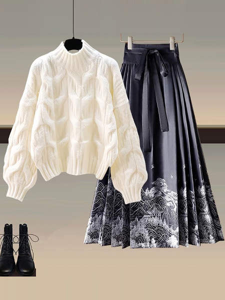 アイボリー01/セーター +ブラック/スカート