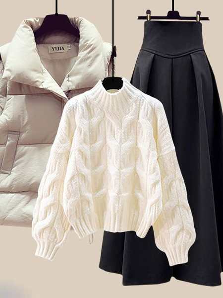 アイボリー/ベスト+ホワイト/セーター＋ブラック/スカート