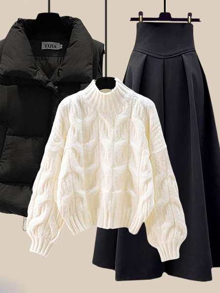 ブラック/ベスト+ホワイト/セーター+ブラック/スカート