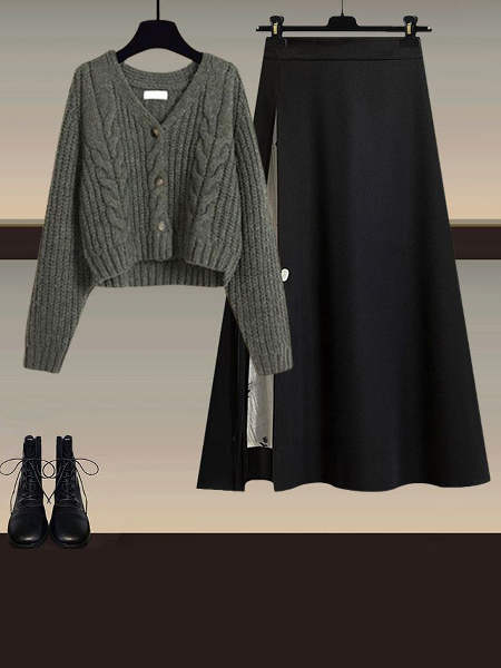グレー/ニット.セーター+ブラック/スカート