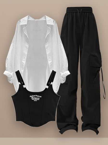 ホワイト/シャツ+ブラック/キャミソール+ブラック/パンツ