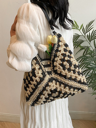 カジュアル ファッション 草編み マグネット 肩掛け 配色 切り替え 織 バッグ