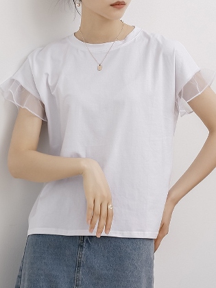 【夏セール】女っぽさが漂う6色展開 無地 切り替え レース シンプル フリル袖 半袖 Tシャツ