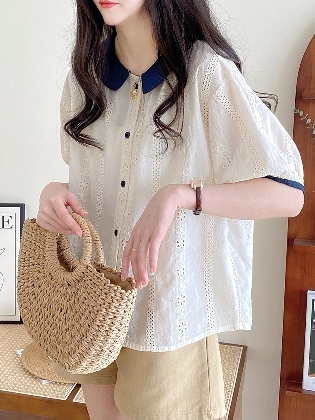 森ガール シングルブレスト透かし編みピーターパン・カラー 五分袖 シャツ