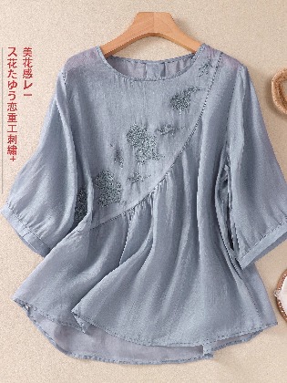 個性的なデザイン レディース 森ガール 無地 通気性良い 森ガール 春夏 大きいサイズ 綿麻 刺繍 シャツ