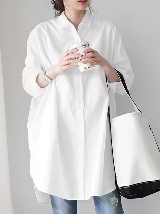 個性的なデザイン フェミニン エレガント 無地 ストライプ柄 通気性良い 折り襟 ロング 春夏 シャツ