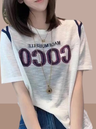 韓国系 アルファベット オープンショルダー ラウンドネック 半袖 夏 Tシャツ