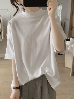 韓国風ファッション 定番シンプル  全4色 無地 レディース 体型カバー プルオーバー ハーフネック 半袖 夏 Tシャツ