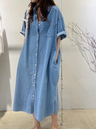 韓国風ファッション カジュアル  シングルブレスト ポケット付き 折り襟 デニム 半袖 シャツワンピース