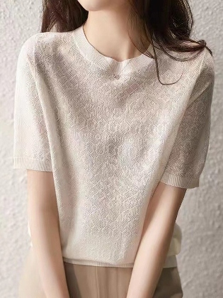 柔らかくて優しい印象 シンプル 接触冷感 無地 ラウンドネック 透かし編み 半袖 春夏 Tシャツ