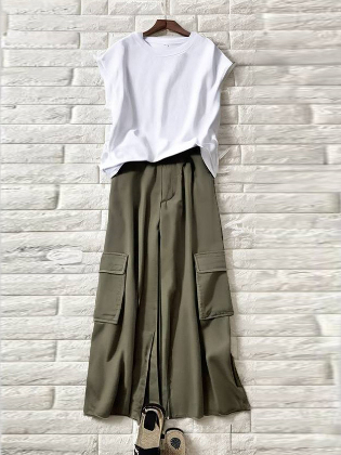 【2点セット】大人可愛い 無地 ラウンドネック 半袖 Tシャツ+ポケット付き カジュアル スカート スカートセット