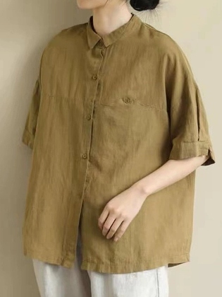 夏 レトロ ル​​ーズ 通気性良い 体型をカバー シンプル ナチュラル 折り襟 無地 リネン 半袖 シャツ