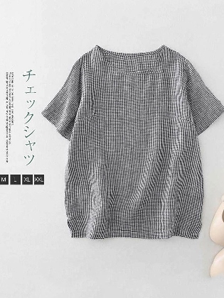 気質アップ 定番シンプル 綿麻 森ガール レディース チェック柄 合わせやすい 夏 Tシャツ